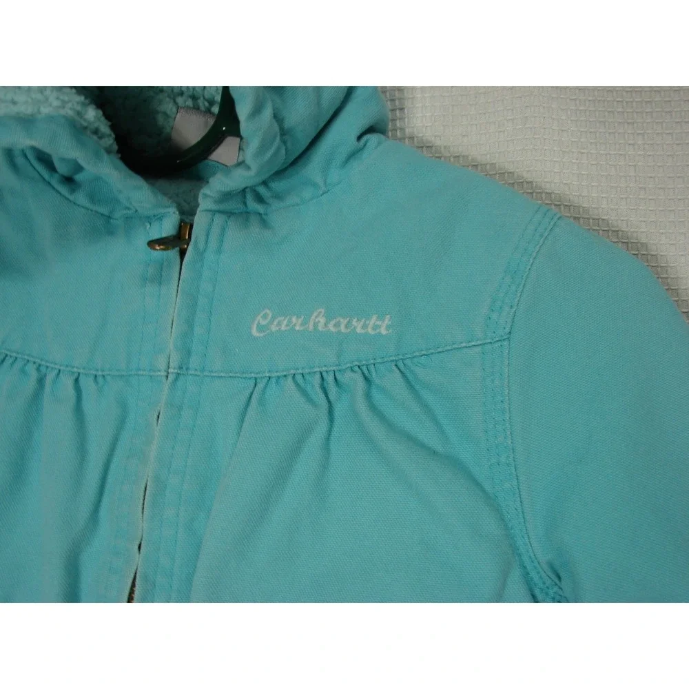 Carhartt Insulated Canvas Jacket Girls 5 Blue Sherpa Lined Hooded Full Zip